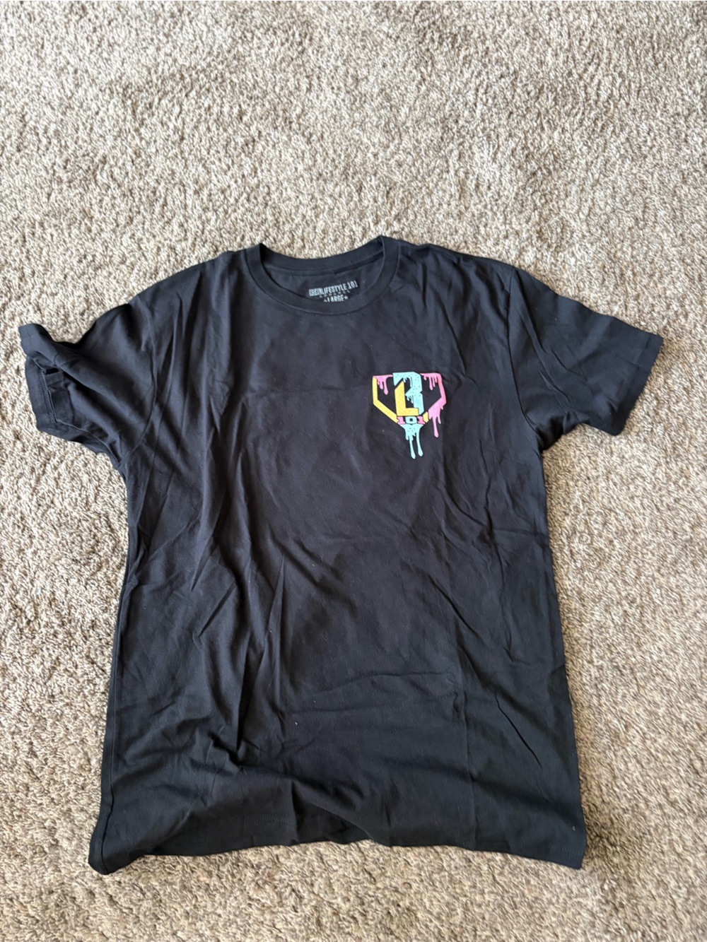 Men's Black Short Sleeve Tee with Colorful Drip Crest